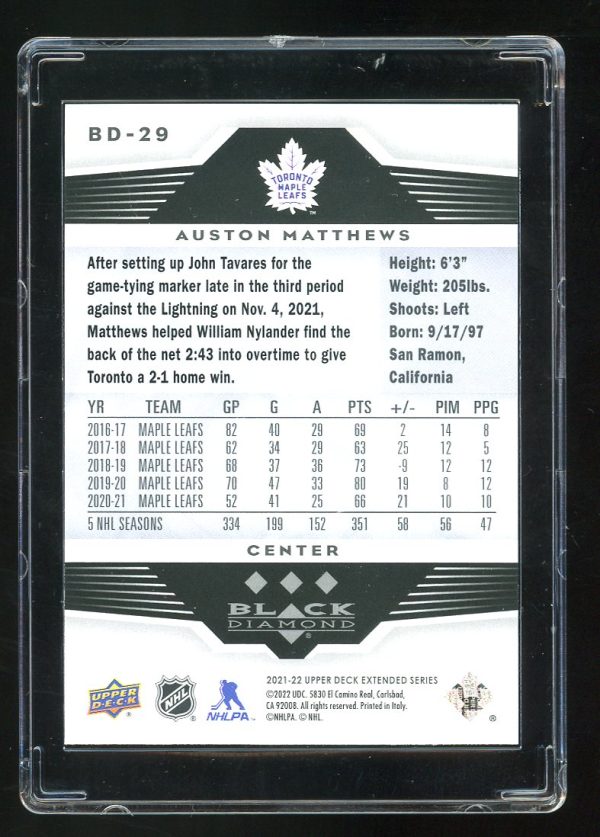 2021-22 Upper Deck Black Diamond Auston Matthews # BD-29 - Image 2