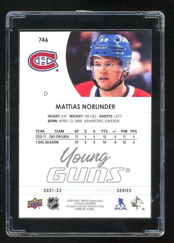 2021-22 Upper Deck hockey Young Guns Mattias Norlinder # 746 - Image 2