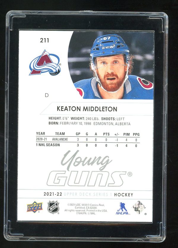 2021-22 Upper Deck Young Guns Keaton Middleton # 211 RC Colorado Avalanche - Image 2