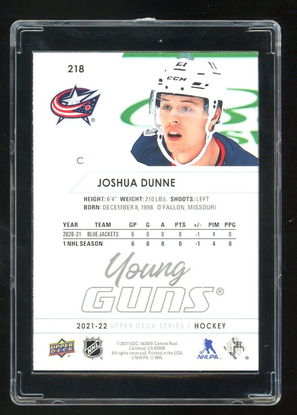 2021-22 Upper Deck Young Guns Joshua Dunne #218 RC Columbus Blue Jackets - Image 2