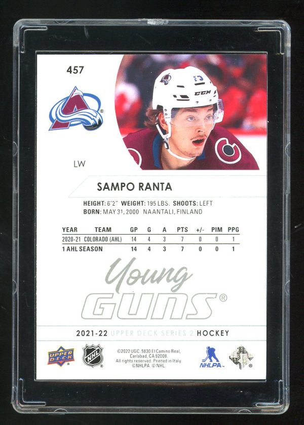 2021-22 Upper Deck Young Guns Sampo Ranta #457 RC Colorado Avalanche - Image 2