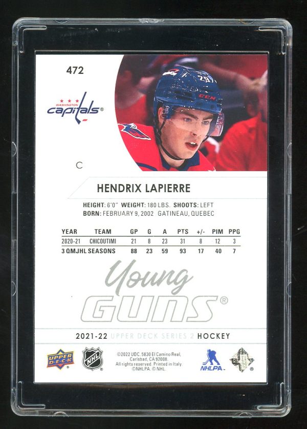 2021-22 Upper Deck  Young Guns Hendrix Lapierre #472 RC  Washington Capitals - Image 2